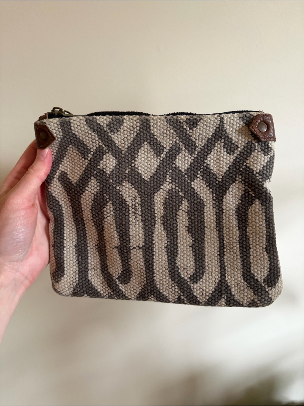 Indaba Textured Geometric Canvas Wristlet in Beige and Charcoal